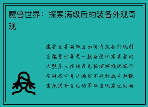 魔兽世界：探索满级后的装备外观奇观